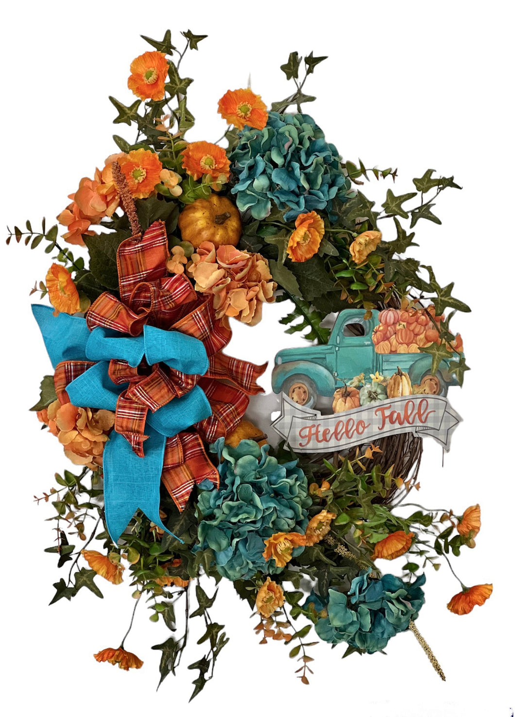 Teal Hydrangea Silk Floral Fall Wreath with Truck Plaque/Harv217 - April's Garden