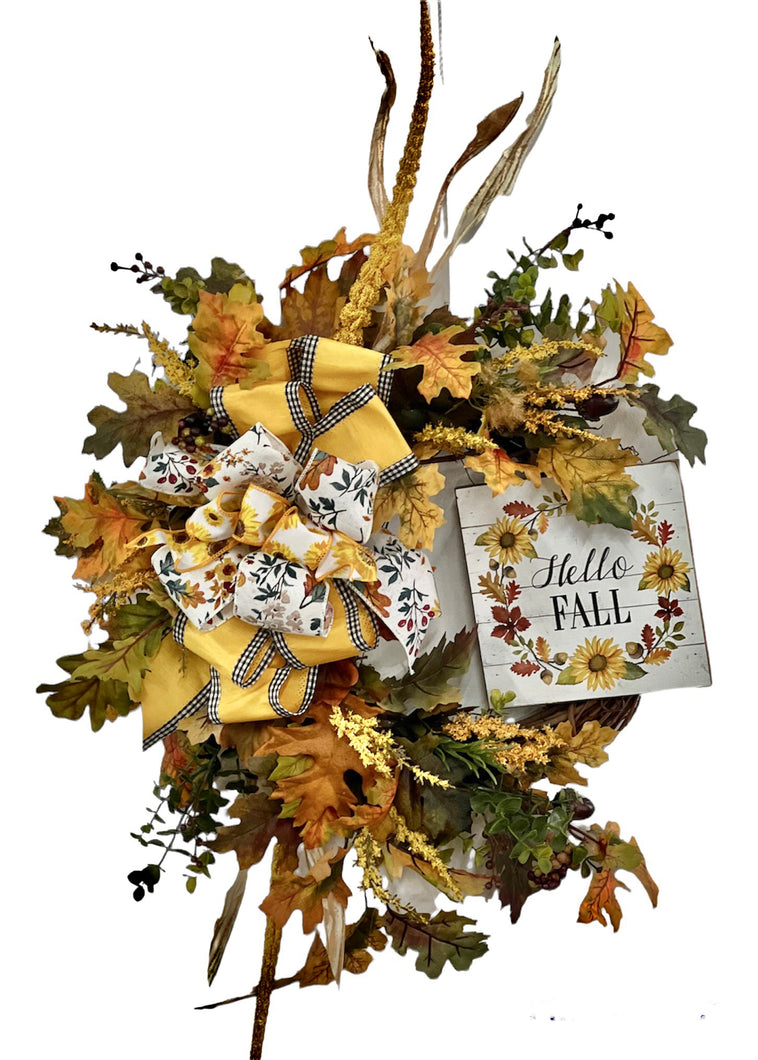 Gold and Green Silk Floral Fall Wreath with Hello Fall Plaque/Harv242 - April's Garden