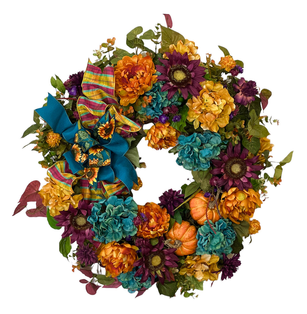 Gold and Teal Hydrangeas with Purple Sunflowers Silk Floral Fall Wreath/HARV250 - April's Garden