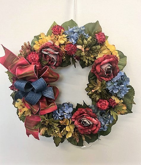 Burgundy, Red, Gold and Blue Silk Floral Fall Petite Wreath/Harv54 - April's Garden