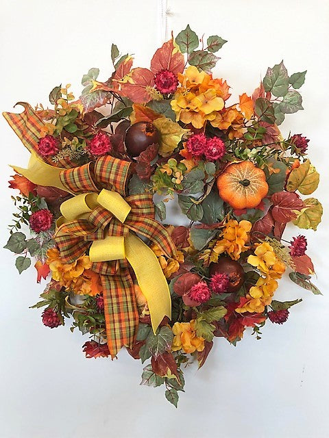 Gold and Purple Hydrangea Fall Wreath with Pumpkins/Harv7 - April's Garden Wreath
