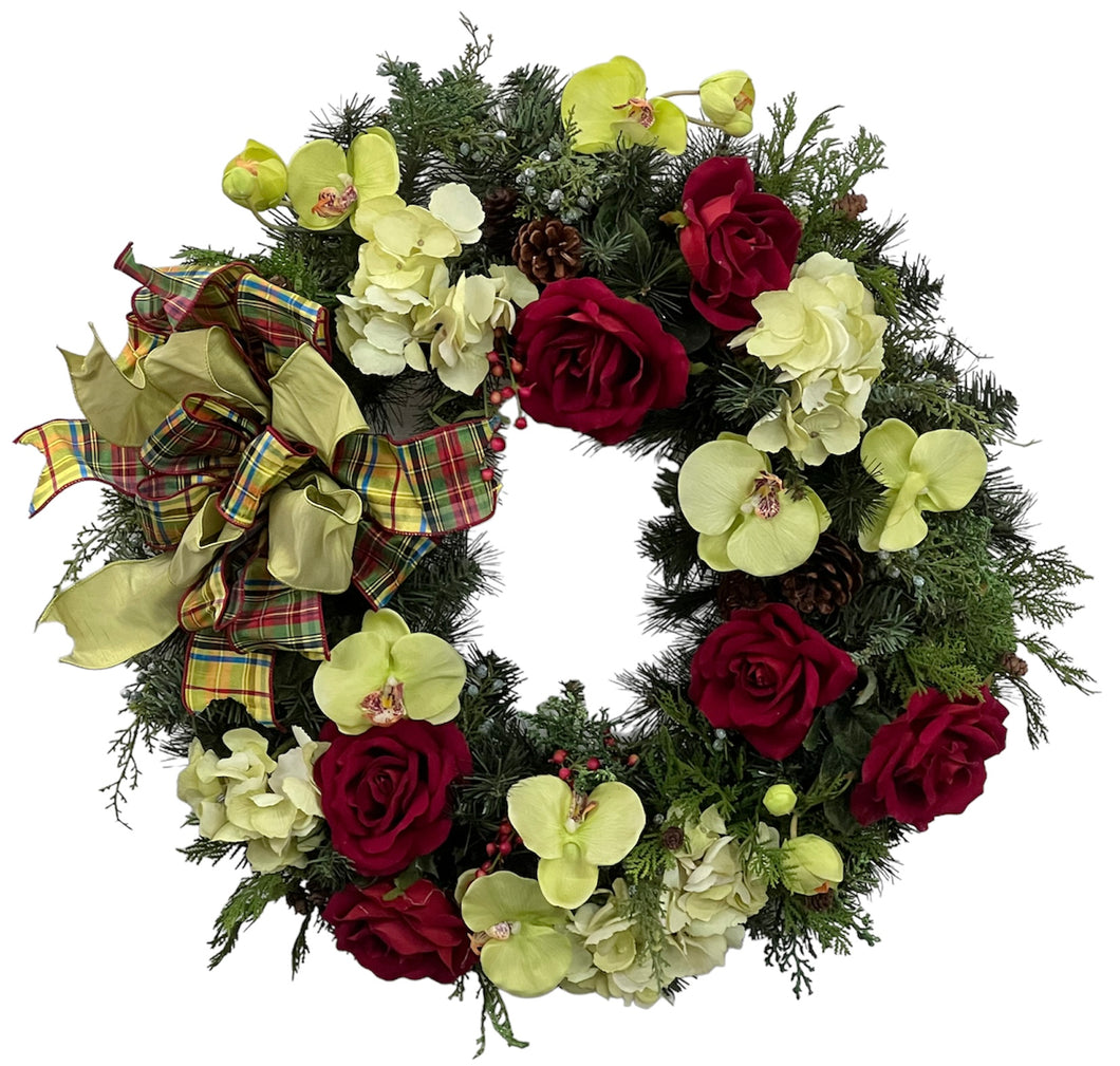 Red and Light Green Silk Floral Holiday Wreath/HOL02 - April's Garden