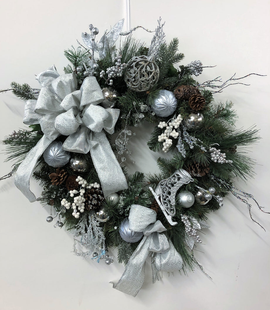 Silver Silk Floral Holiday Christmas Wreath with Ornaments/Hol128 - April's Garden Wreath