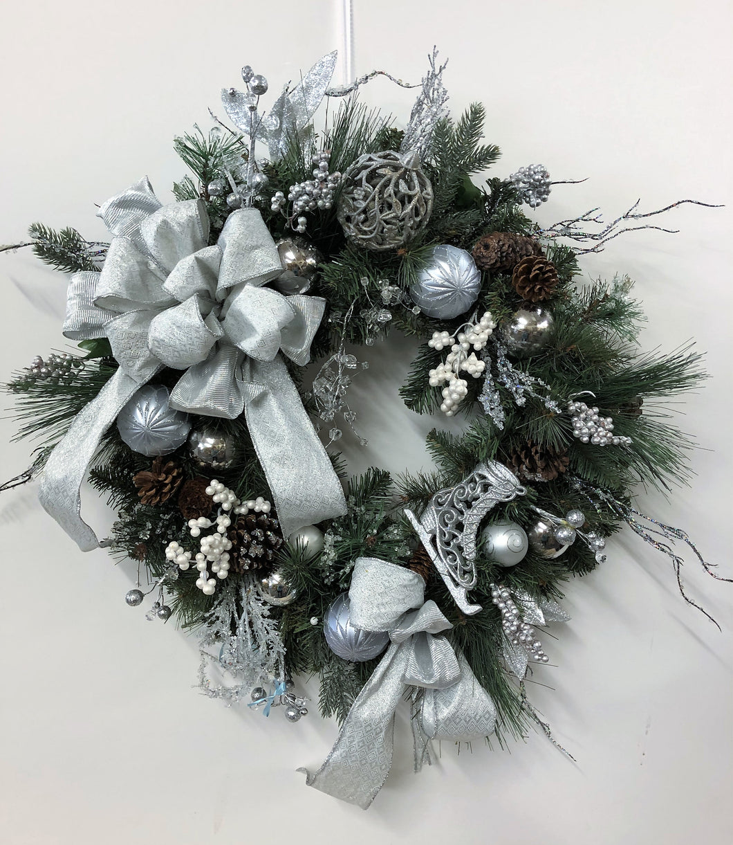 Silver Silk Floral Holiday Christmas Wreath with Ornaments/Hol128 - April's Garden Wreath