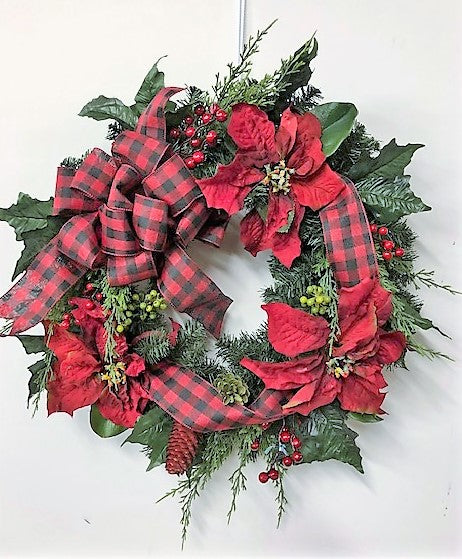 Red Country Poinsettia Silk Floral Winter Wreath with Buffalo Plaid Bow/Hol142 - April's Garden Wreath
