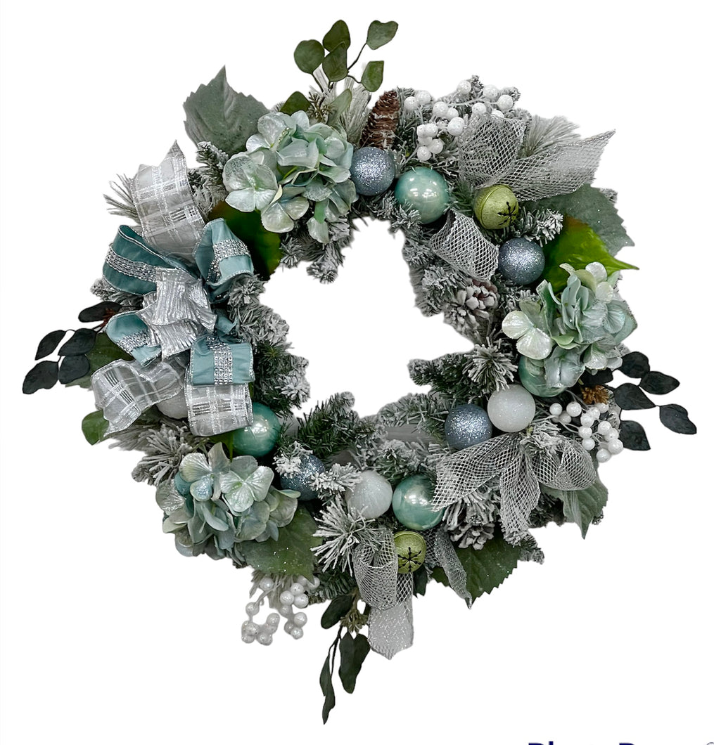 Aqua, Green and Silver Hydrangea Silk Floral Christmas Wreath/HOL147 - April's Garden