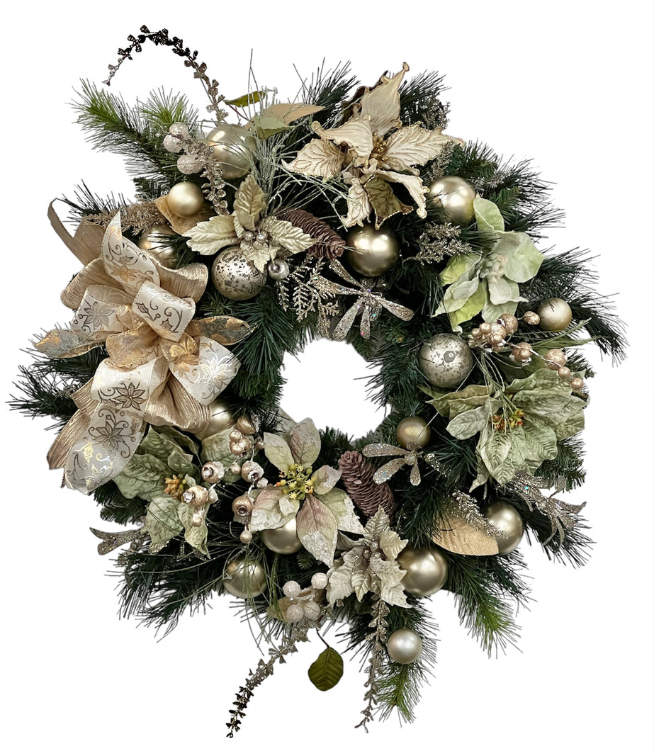 Champagne (Gold) Poinsettia Silk Floral Winter Holiday Wreath/Hol155 - April's Garden