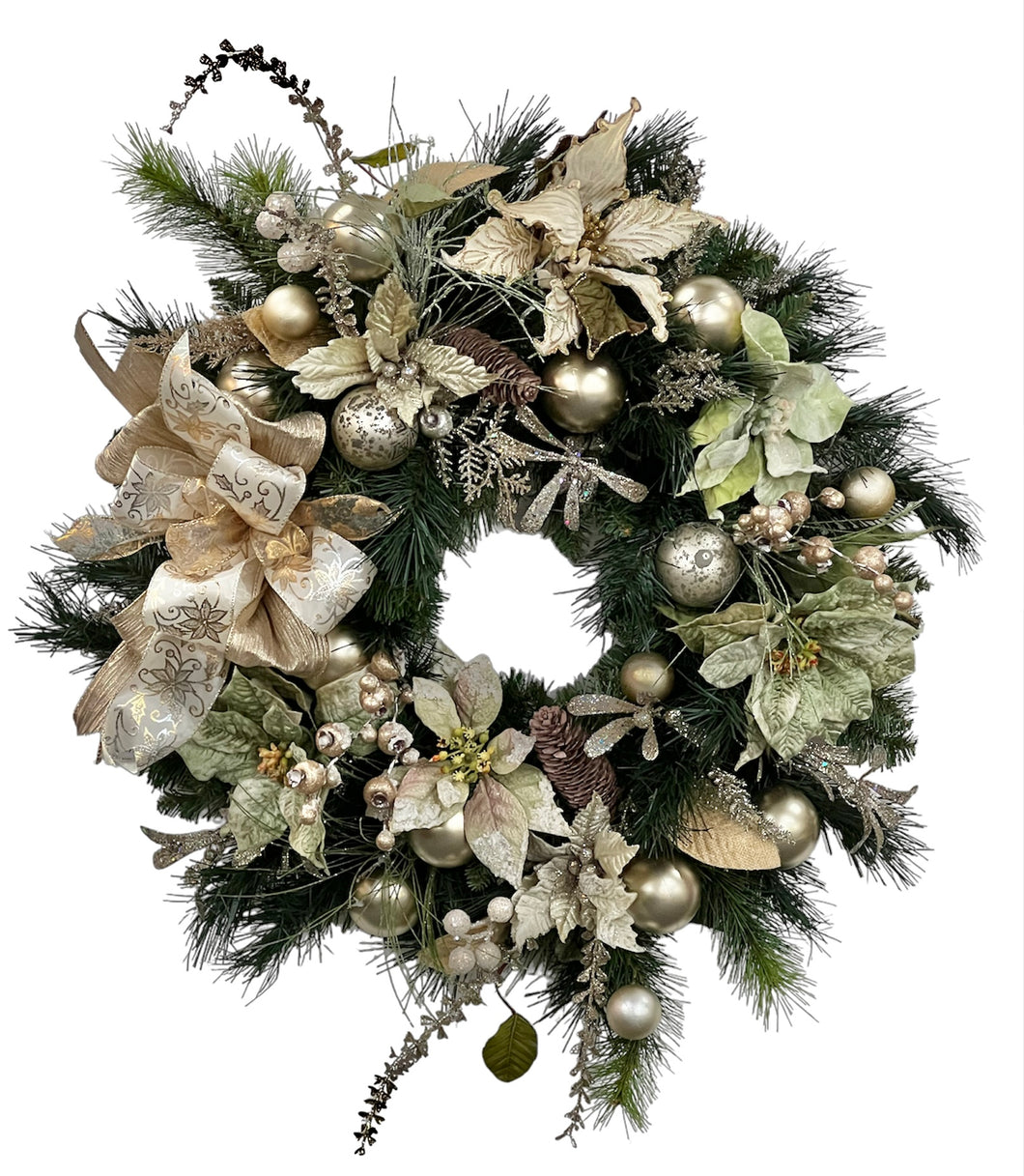Champagne (Gold) Poinsettia Silk Floral Winter Holiday Wreath/Hol155 - April's Garden