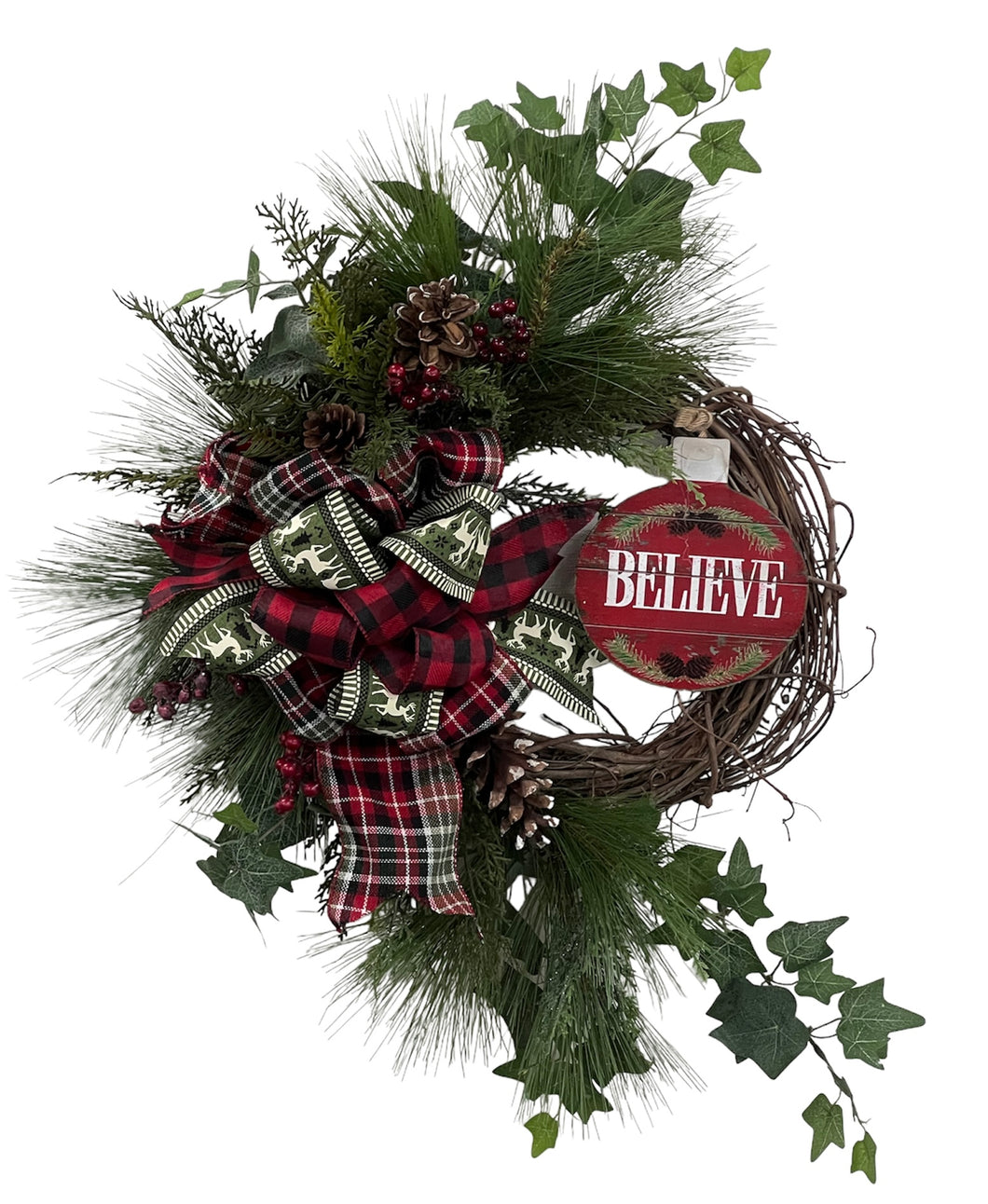 Pine and Cedar Silk Floral Christmas Winter Wreath with Believe Plaque/Hol156