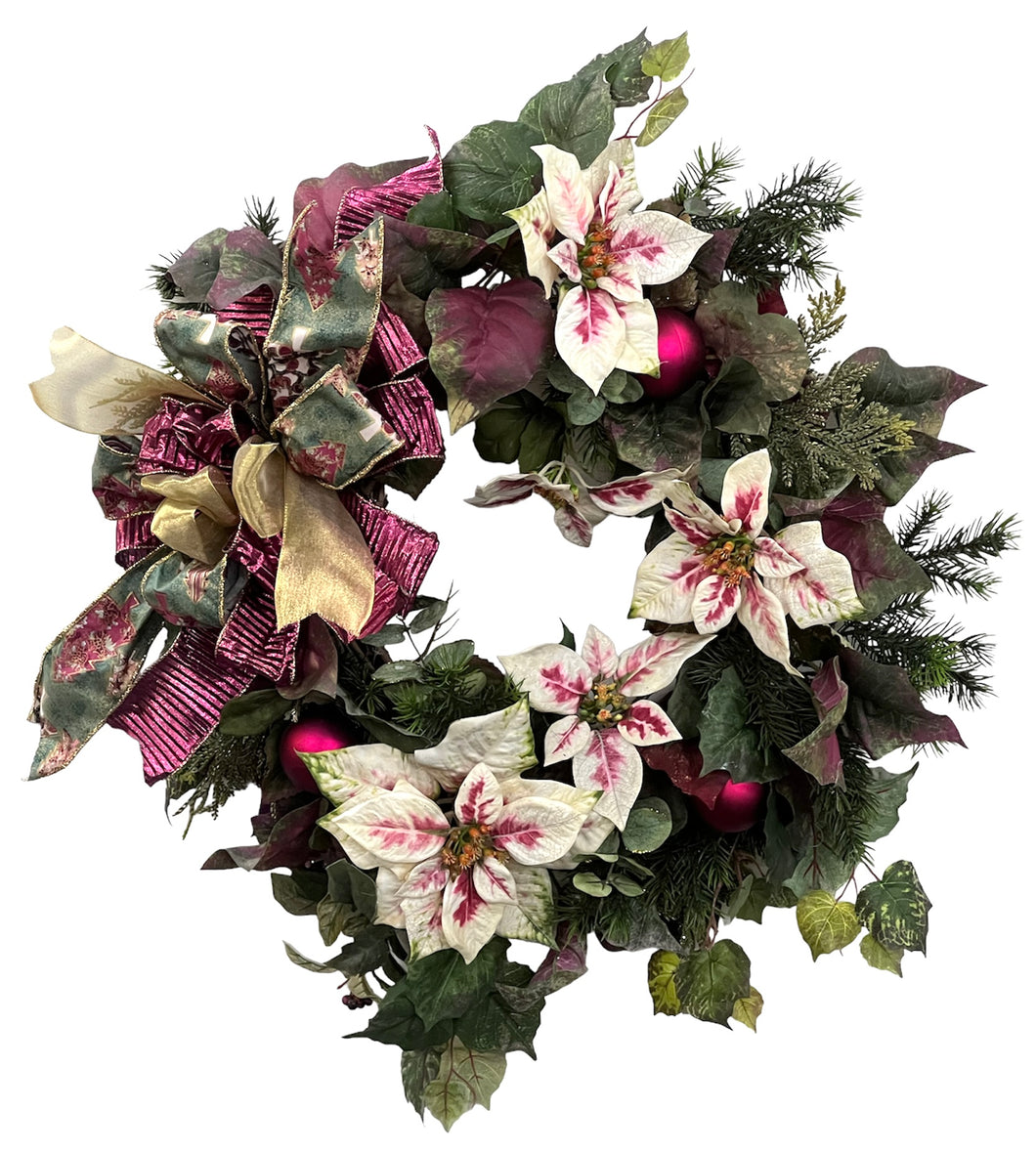 Cream and Burgundy Silk Floral Holiday Wreath with Holiday Balls/HOL20 - April's Garden