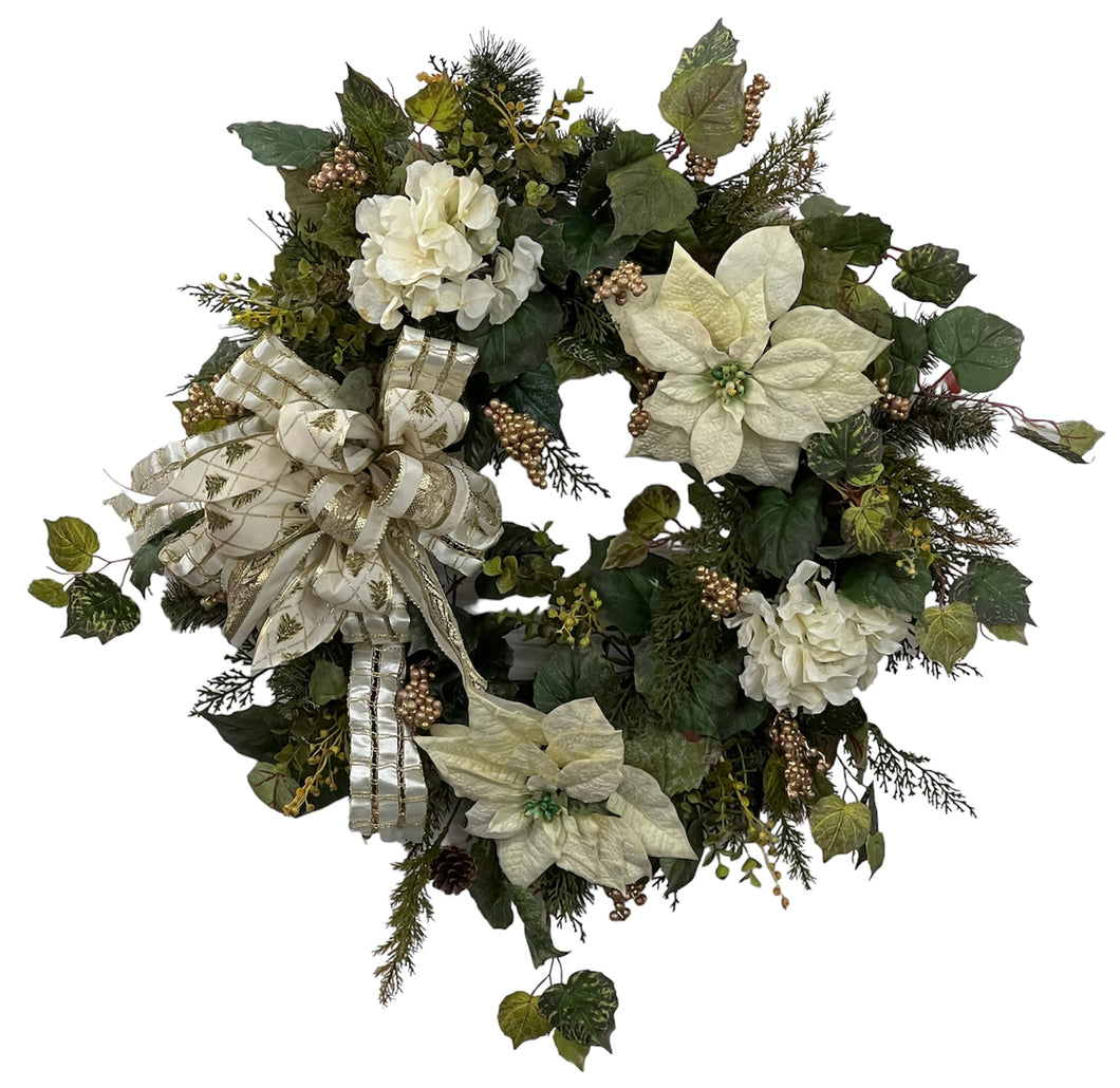 Cream Poinsettia and Hydrangea Silk Floral Holiday Wreath/HOL90 - April's Garden