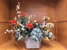 Floral Arrangement with Rust Roses, Cream Blossom, Amber Dahlia, Light Blue hydrangea - April's Garden