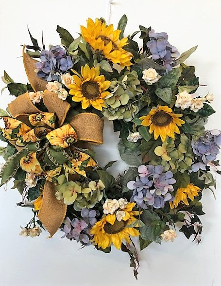 Gold Sunflower and Periwinkle Hydrangea Silk Floral Late Summer Fall Wreath/IS30 - April's Garden Wreath