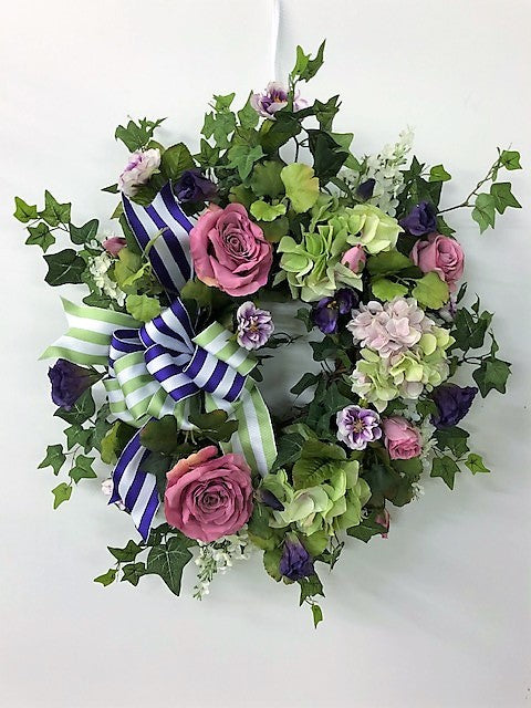 Hydrangea and Rose Silk Floral Petite Spring Wreath/Pet28 - April's Garden Wreath