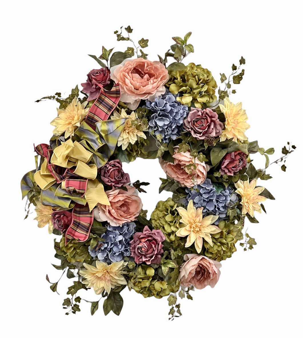 Dusty Yellow, Dusty Mauve, and Blue Large Silk Floral Everyday Wreath/ROM51 - April's Garden