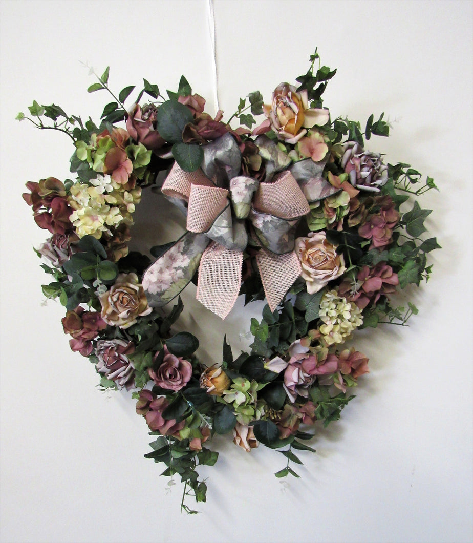 Dusty Rose and Hydrangea Heart Shapped Silk Floral Romance Wreath/Rom29 - April's Garden Wreath