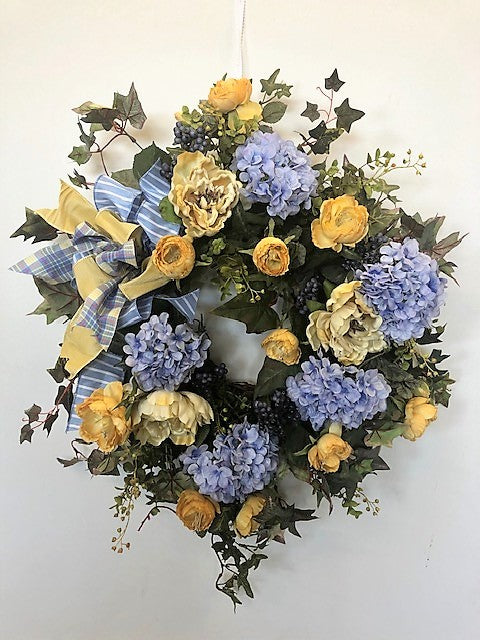 Cream, Gold and Blue Silk Floral Everyday Hydrangea Wreath/Rom33 - April's Garden Wreath