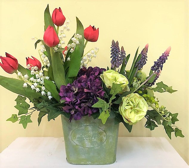 Red, Purple and Lime Silk Floral Spring Arrangement in Tin Container/SP05 - April's Garden