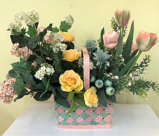 Yellow and Pink Silk Floral Spring Arrangement with Tulips in Spring Basket/SP09