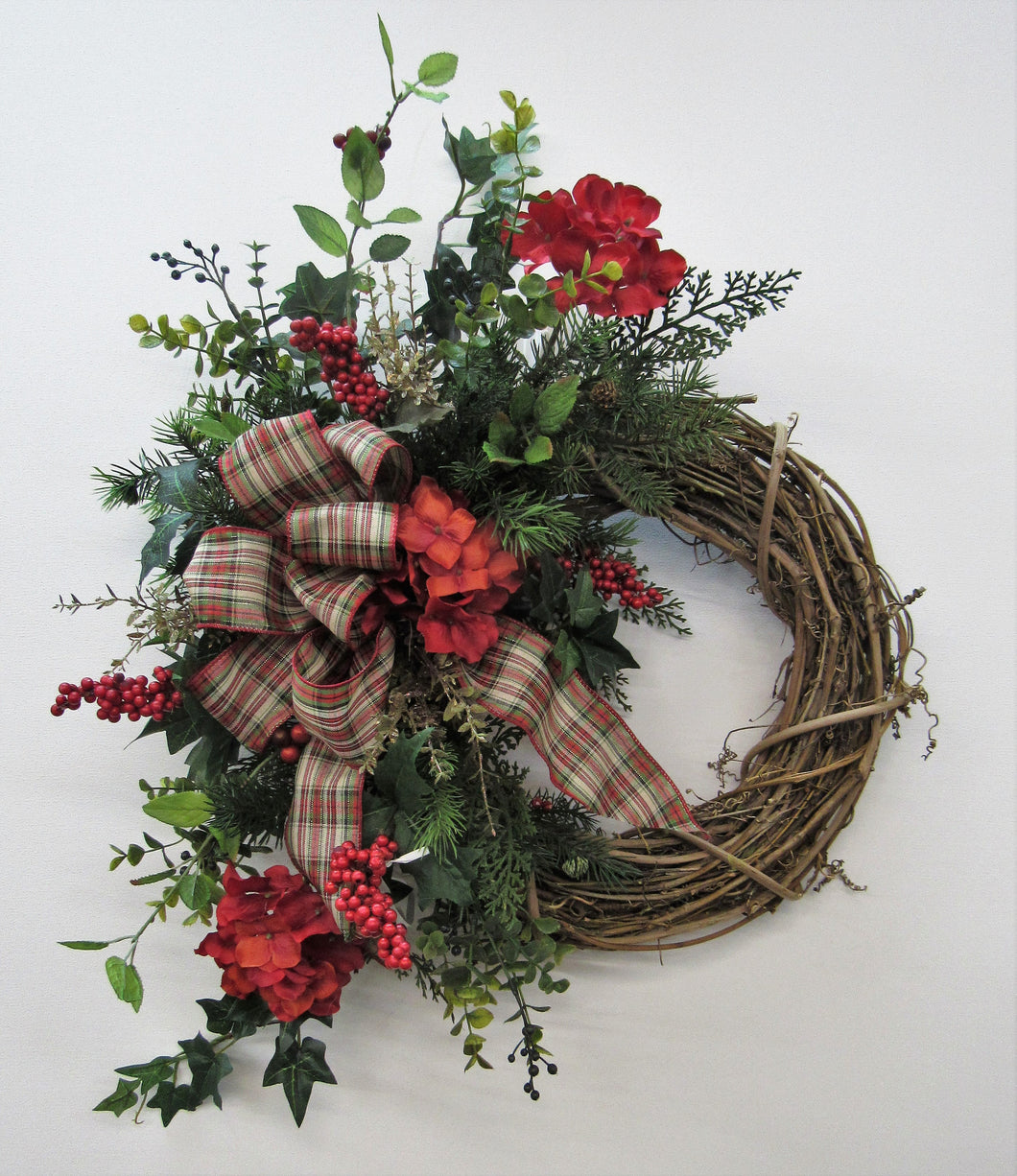 Red Hydrangea Silk Floral Crescent Transitional Winter Wreath/Trans18 - April's Garden Wreath