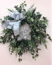 Silver and Snow Silk Floral Transitional Winter Wreath with Let it Snow Plaque/Trans56 - April's Garden Wreath