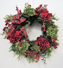 Green and Red Hydrangea Silk Floral Transitional Winter Wreath/Trans79 - April's Garden Wreath