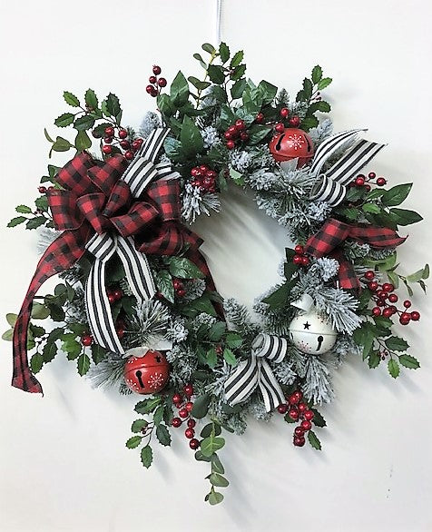 Red Berry and Snow Pine Winter Wreath with Buffalo Plaid Bow/Trans94 - April's Garden Wreath