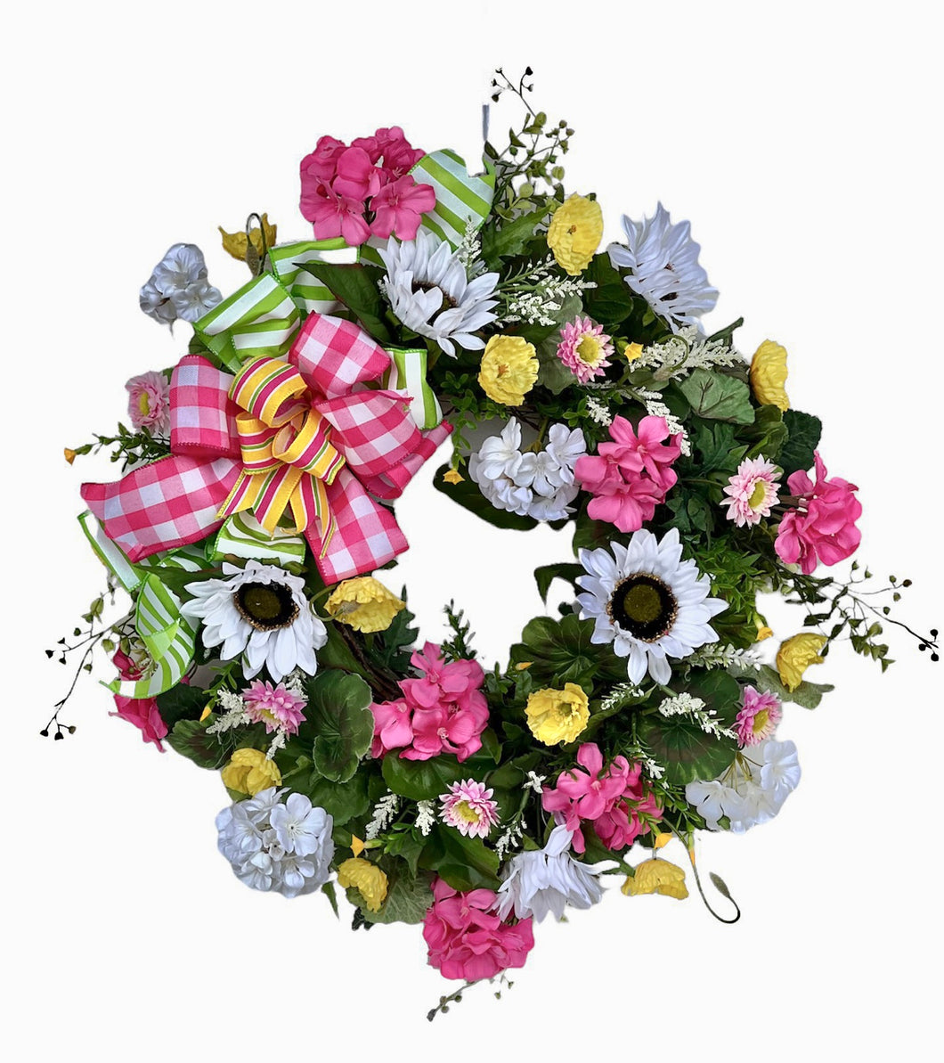 White, Pink and Yellow Silk Floral Summer Wreath with Sunflowers/VER178 - April's Garden