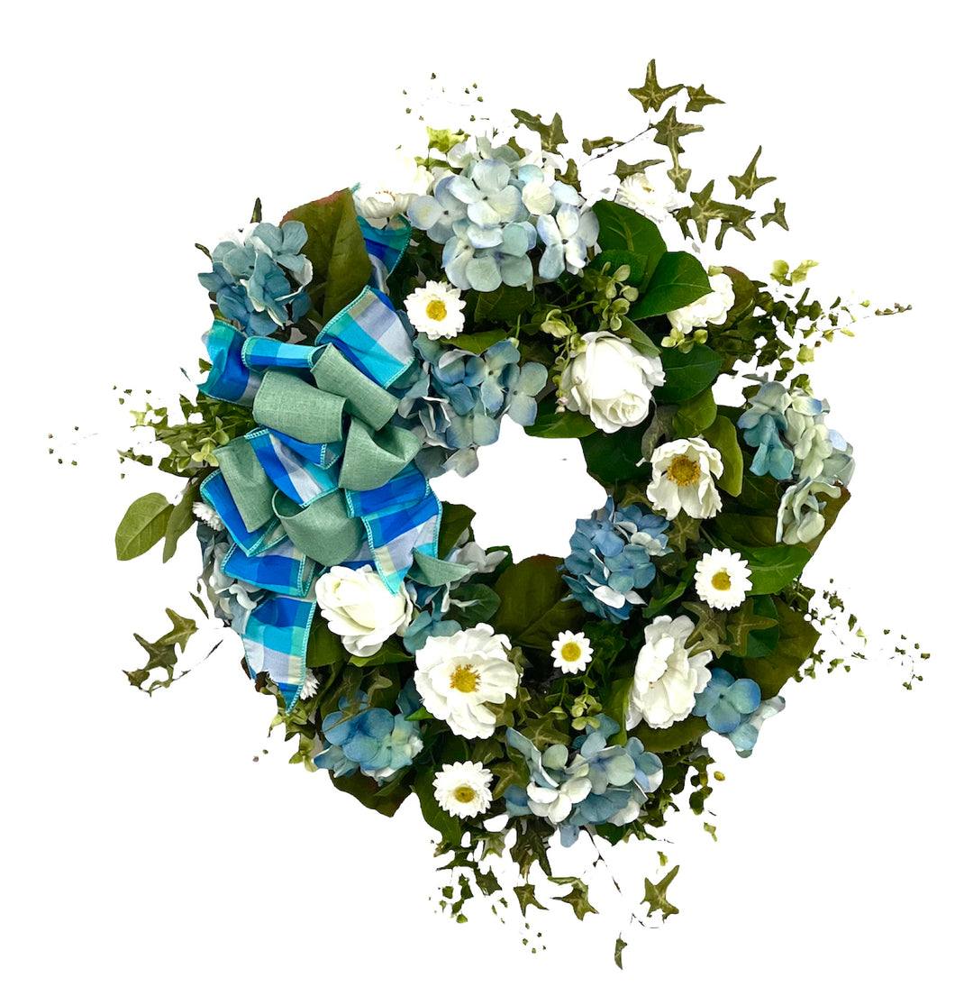 Blue and White Silk Floral Summer Wreath with Hydrangeas/VER185 - April's Garden