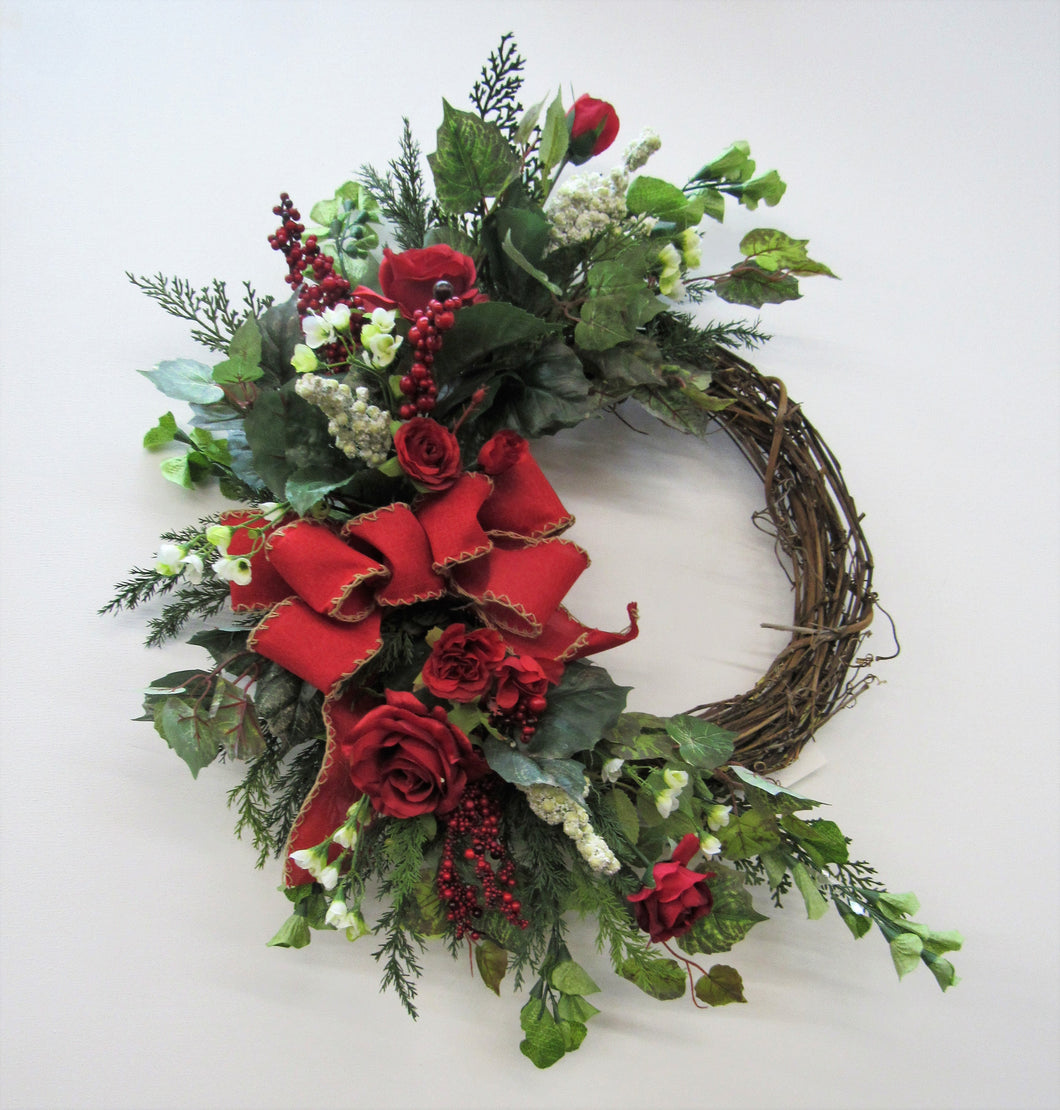 Red Rose Silk Floral Valentines Day Crescent Front Door Wreath/Val25 - April's Garden Wreath