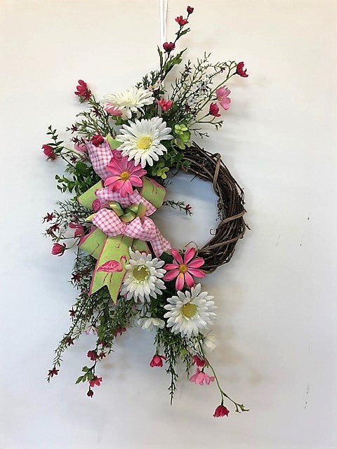 White and Pink Silk Floral Summer Crescent Wreath with Flamingo Ribbon/Val42 - April's Garden Wreath