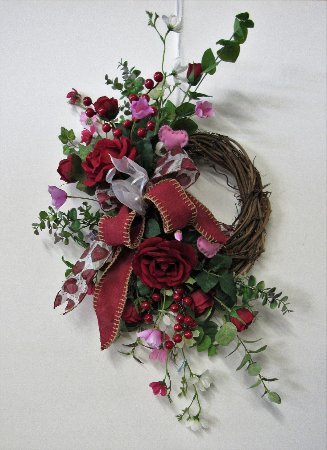 Red Rose Silk Floral Valentines Day Crescent Front Door Wreath/Val43 - April's Garden Wreath
