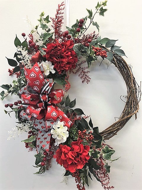 Red and Cream Hydrangea Silk Floral Valentines Day Large Crescent Wreath/Val49
