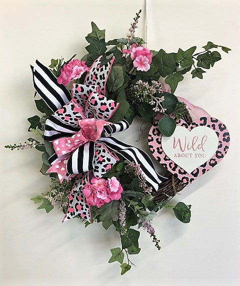 Wild About You Pink Silk Floral Valentine's Day Petite Crescent Wreath/Val75 - April's Garden
