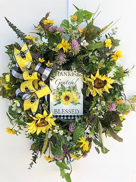 Yellow Sunflower Silk Floral Summer Wreath with Thankful Blessed Plaque/Ver118 - April's Garden Wreath