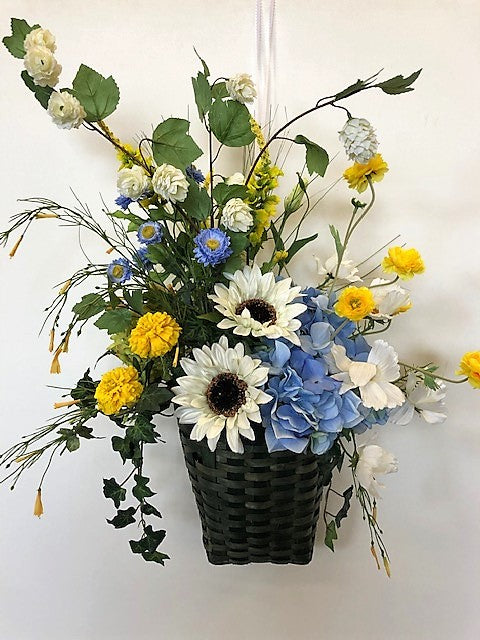 Cream, Blue and Gold Silk Floral Hanging Wall Basket with Hydrangeas and Sunflowers/Ver133 - April's Garden Wreath