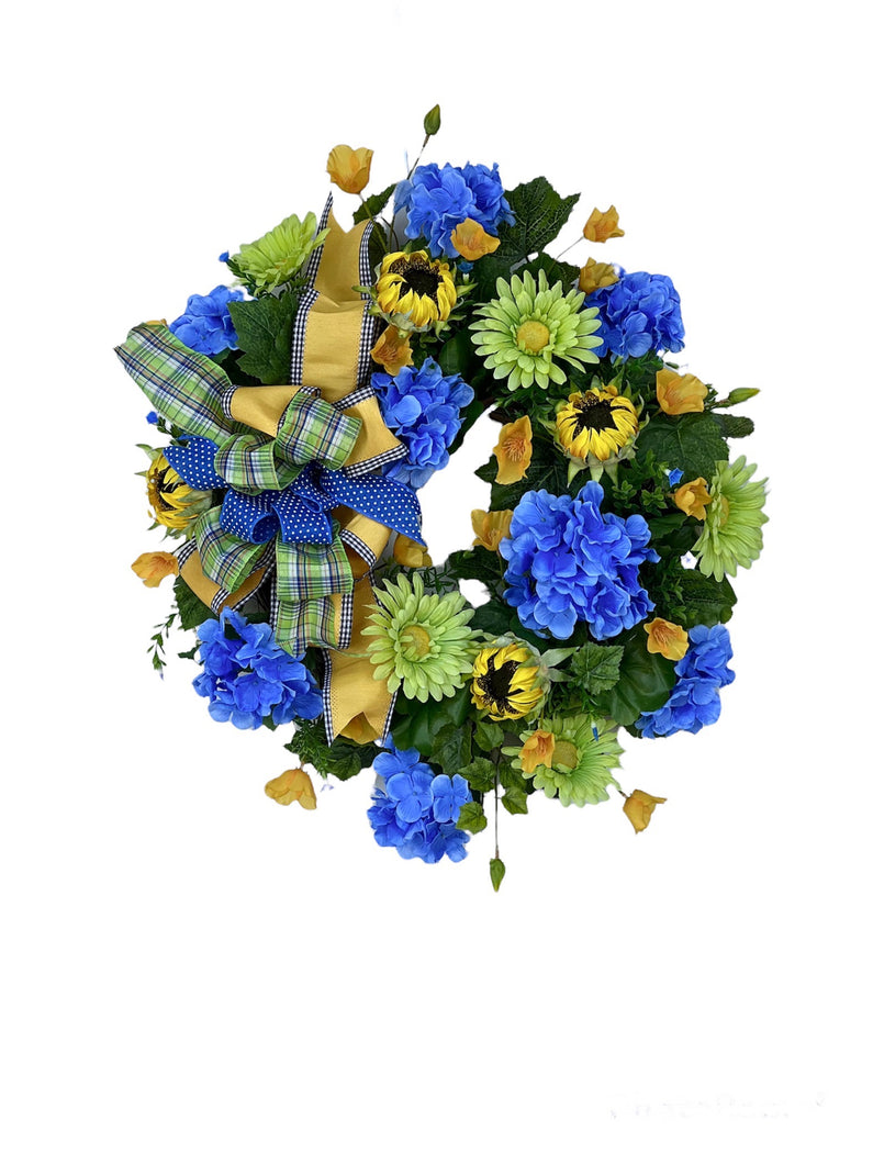Blue Hydrangea and Yellow Sunflower Silk Floral Summer Wreath/VER166 - April's Garden