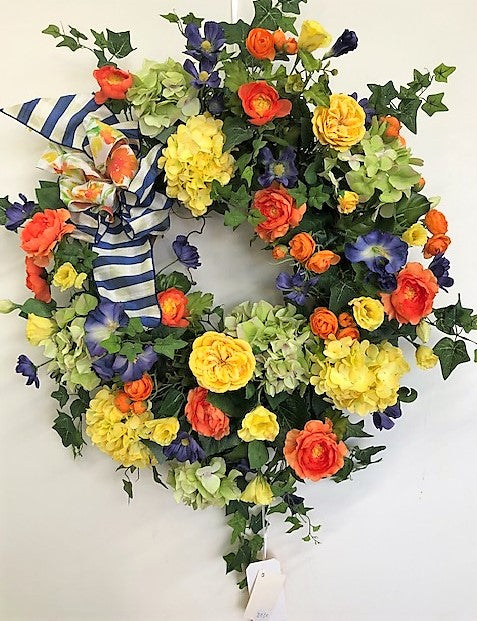 Orange, Yellow and Purple Silk Floral Summer Large Wreath with Hydrangeas/VER32 - April's Garden