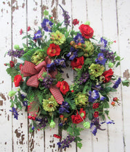 Red, Purple and Lime Silk Floral Late Summer Early Fall Wreath/Ver50 - April's Garden Wreath