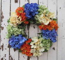 Dark Blue, Orange, and Lime Green Silk Floral Late Summer Hydrangea Wreath/Ver56 - April's Garden Wreath
