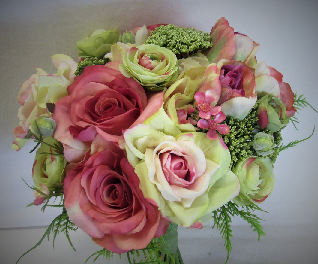 Pink, Green and Cream Silk Floral Bridal Bouquet /BB01 - April's Garden Wreath