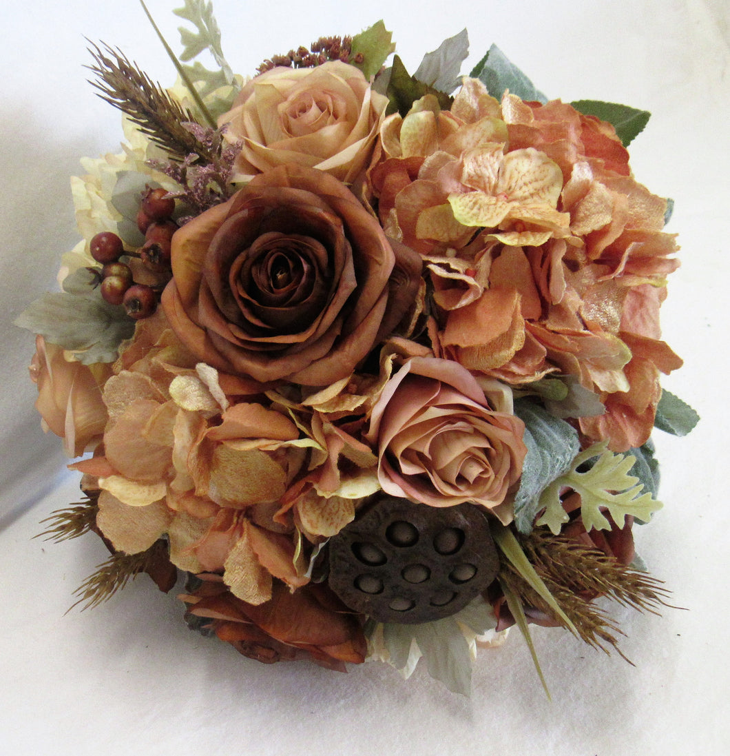 Cream, Rust, and Apricot Silk Floral Bridal Bouquet/BB07 - April's Garden Wreath