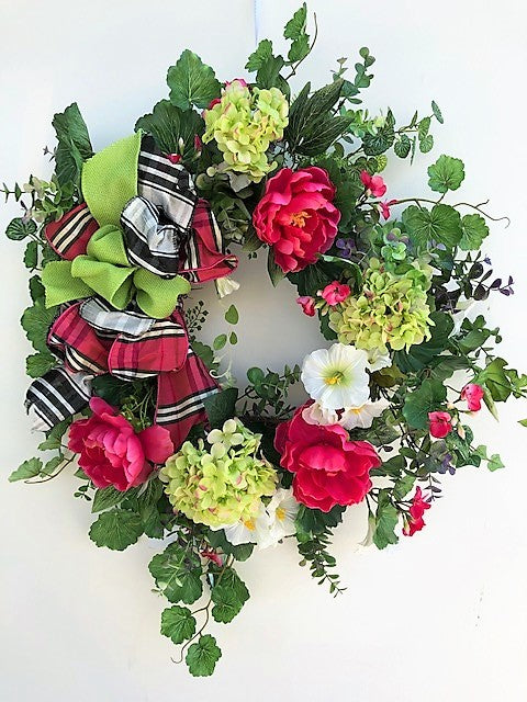 Watermelon. Light Green and Cream Silk Floral Summer Wreath/Eng217 - April's Garden Wreath