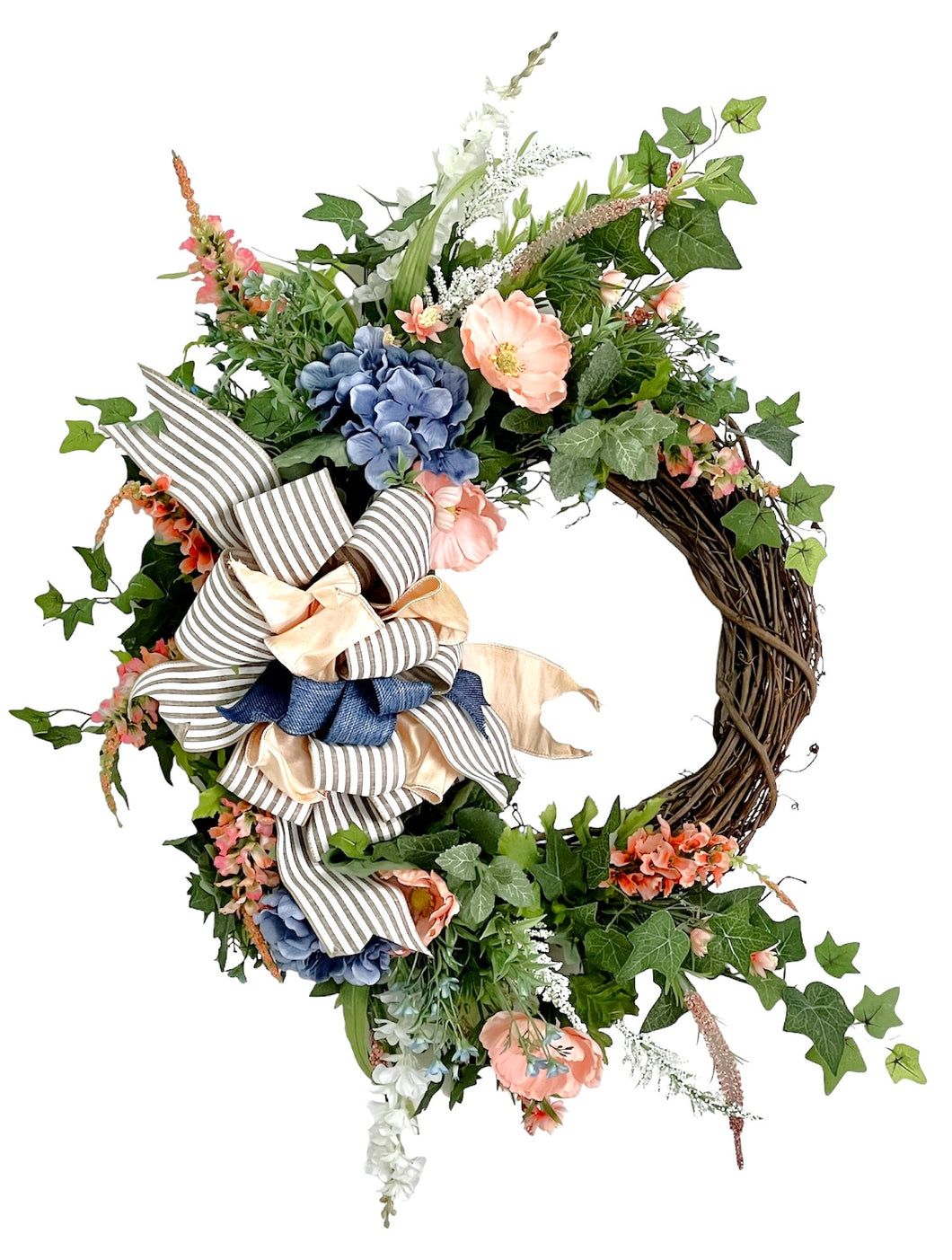 Blue and Peach Silk Floral Spring Summer Large Crescent Wreath with Plaque/ENG244 - April's Garden
