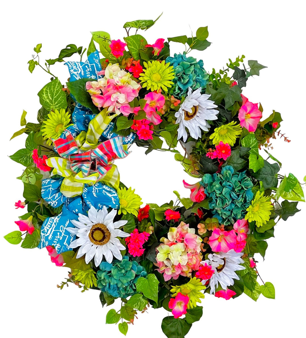Pink, Teal, Lime, English garden Wreath/ENG269 - April's Garden