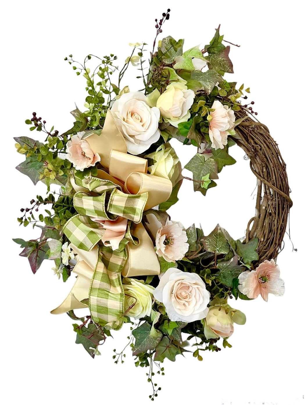 Pale Yellow and Sage Green Silk Floral Petite Spring Summer Wreath/ENG276 - April's Garden