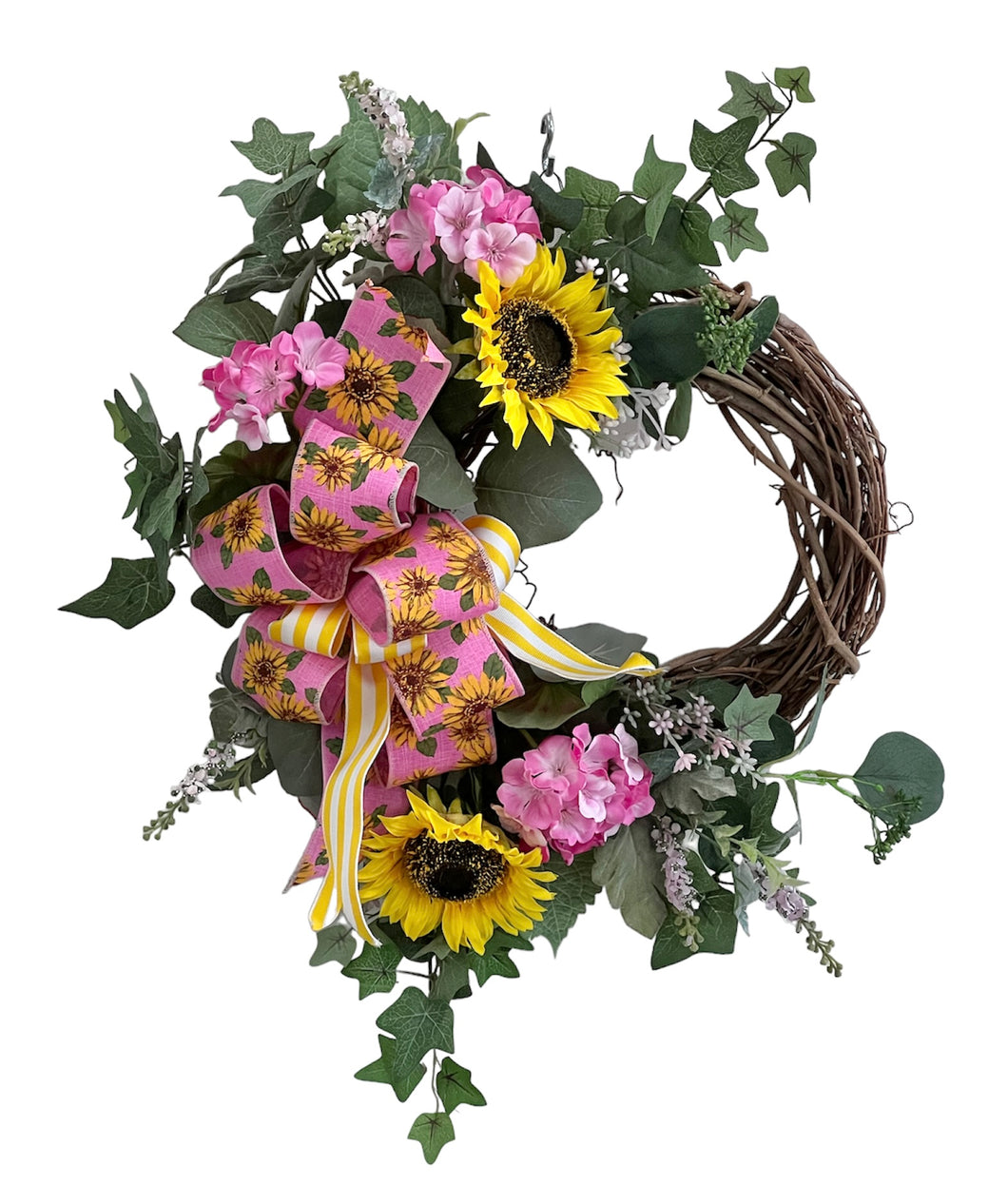 Pink and Yellow Silk Floral Petite Spring Summer Wreath with Sunflowers/Eng286
