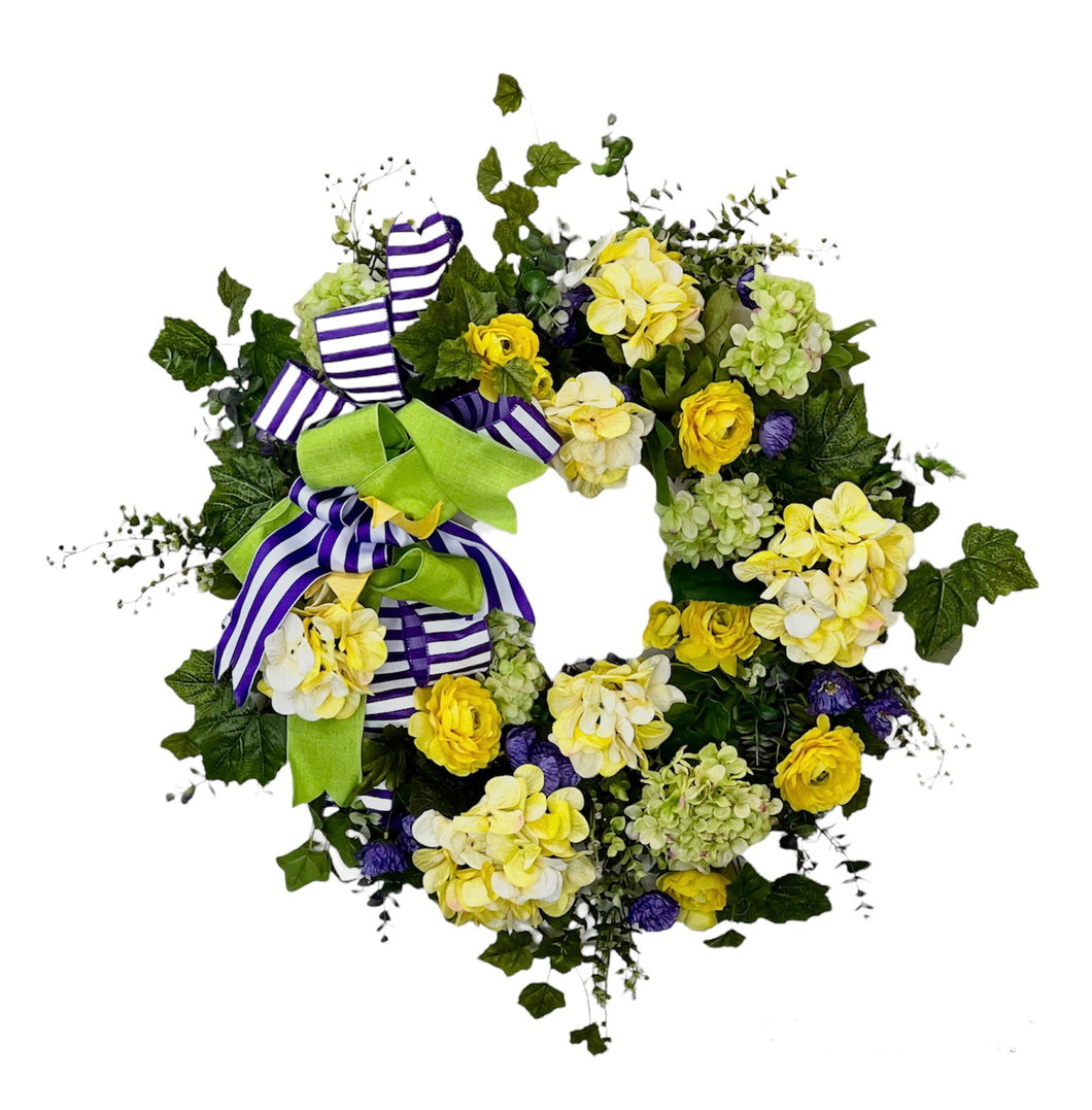 Yellow and Green Silk Floral Summer Hydrangea Wreath/ENG299