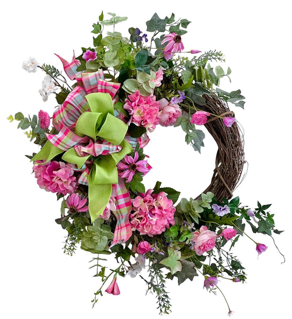 Pink Hydrangea, Daisy and Peony Silk Floral Large Spring Summer Wreath/ENG302 - April's Garden