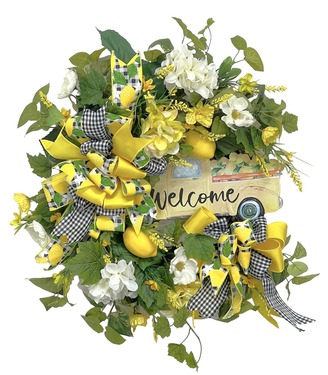 Yellow and White Large Hydrangea and Lemon Spring Summer Wreath/ENG308 - April's Garden